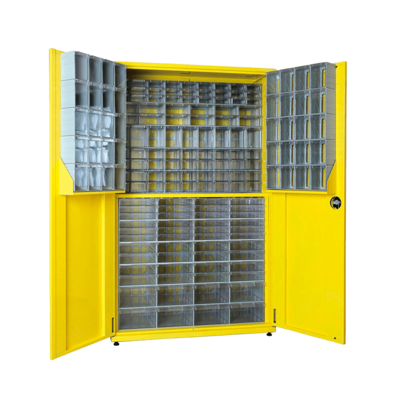 Skapis ar veramām durvīm un 122 plastmasas kastītēm TKD-160-S