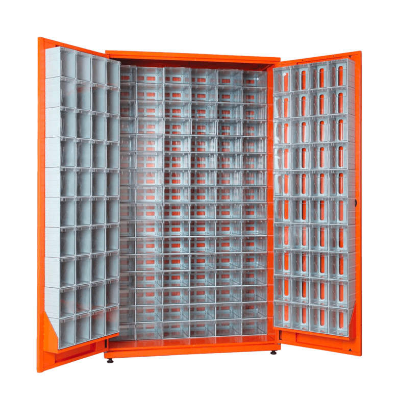 Skapis ar veramām durvīm un 176 plastmasas kastītēm TKD-175