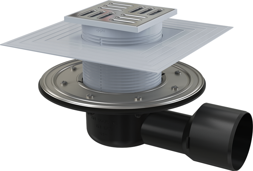Alcadrain APV3344 traps horizontālais 105×105/50/75 mm, nerūsējošā tērauda reste, nerusējošā tērauda flanšis, 2-līmeņu flanci, aizvars slapjš un sausais
